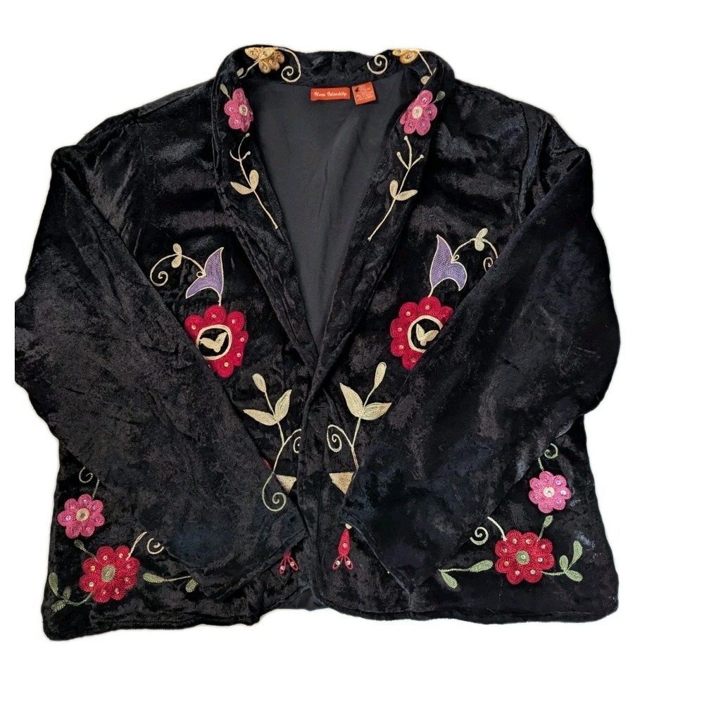 New Identity Vintage Black Velvet Embroidered Floral Jacket Plus Size 2X Boho...